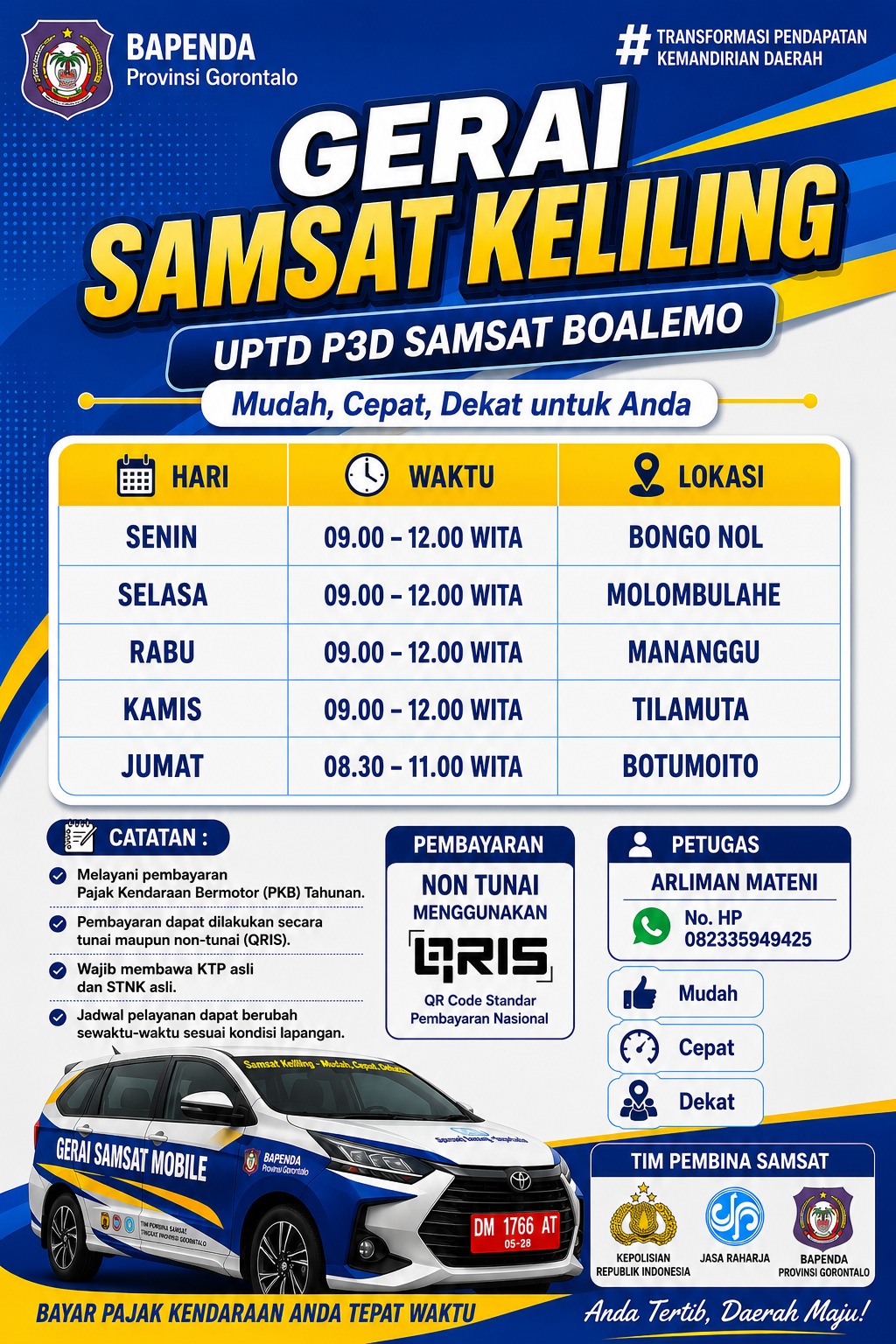 Jadwal dan Lokasi Pelayanan Samsat Keliling  Siang UPTD P3D Kab. Boalemo
